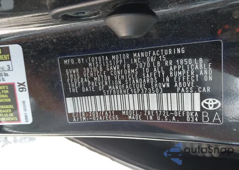 2016 Toyota Corolla L из США, поврежденный, VIN 5YFBURHE1GP373503